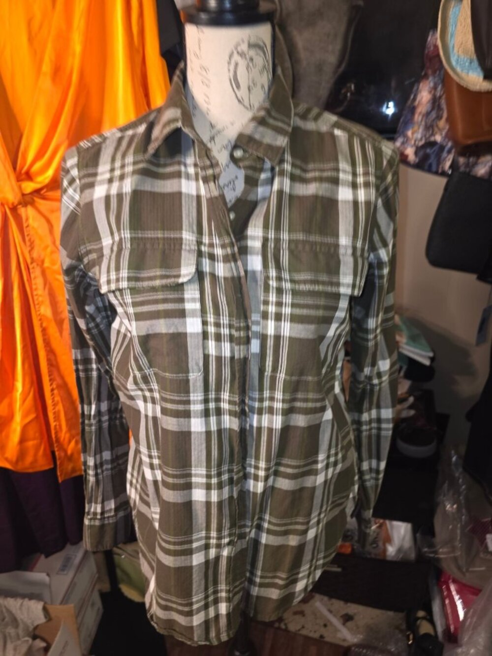 Joe Fresh Womens Green Plaid Button-Up Shirt Small 100% Cotton